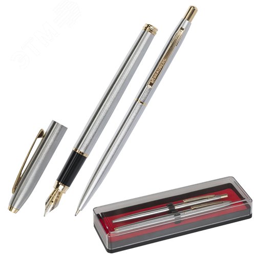 Изображение товара Набор ручек подарочных BRAUBERG Brioso, СИНИЕ, 2 шт: шариковая, перьевая, сереб. с зол., 143465 (шт)