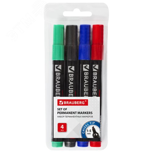 Изображение товара Маркеры перманентные BRAUBERG ''Contract'', НАБОР 4 ЦВЕТА, скошенный наконечник, 1-5 мм, 150473 (шт)