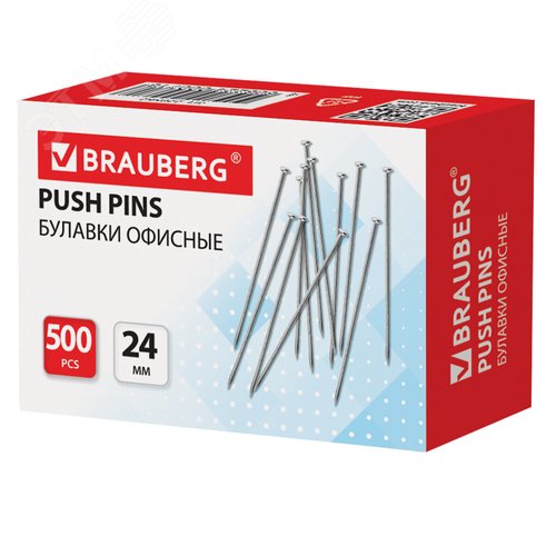 Изображение товара Булавки универсальные BRAUBERG 24 мм 500 штук, в картонной коробке, 220562 (шт)