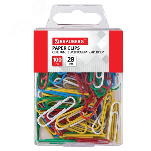 Изображение товара Скрепки BRAUBERG 28 мм цветные, 100 шт. в пласт. кор., 221111 (шт)