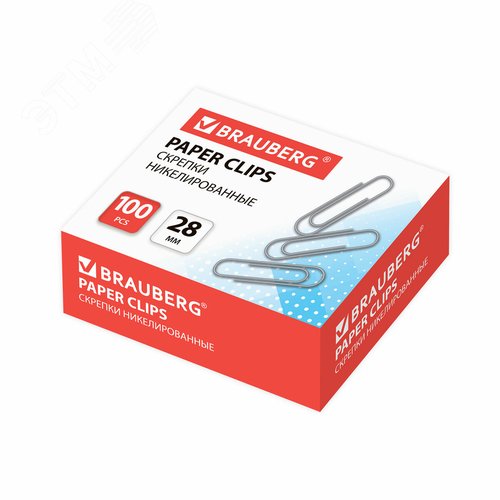 Изображение товара Скрепки BRAUBERG 28 мм никелированные, 100 шт., в картонной коробке, РОССИЯ, 221523 (шт)