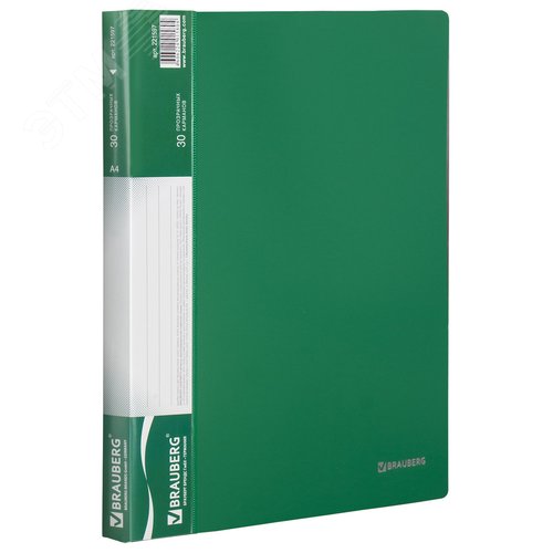 Изображение товара Папка 30 вкладышей BRAUBERG стандарт, зеленая, 0,6мм, 221597 (шт)