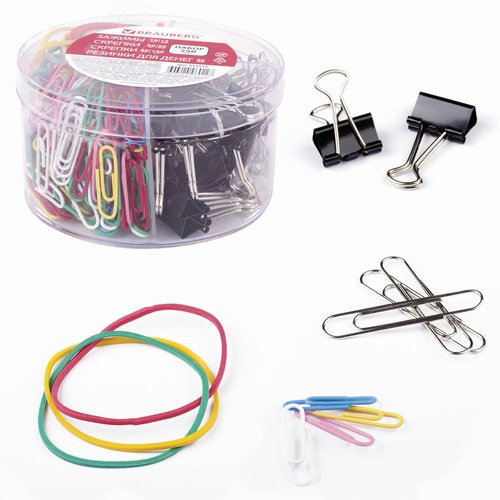 Изображение товара Набор зажимы 19 мм/15 шт, скрепки 28 мм/145 шт и 50 мм/50 шт, резинки для денег 40 шт, цилиндр (шт)
