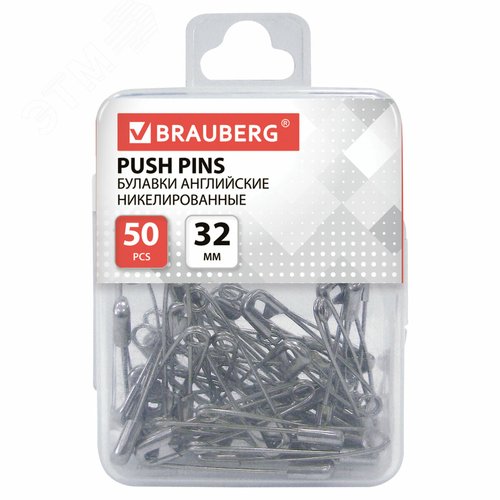 Изображение товара Булавки английские BRAUBERG 32 мм никелированные, 50 шт., в пласт. коробке с европодвесом, 223970 (шт)