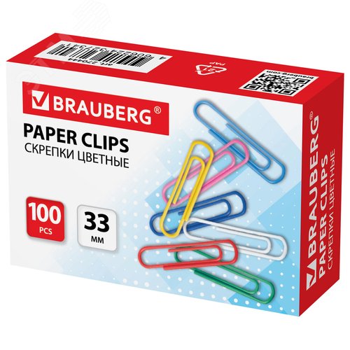 Изображение товара Скрепки BRAUBERG, 33 мм, цветные, 100 шт., в картонной коробке, 270444 (шт)