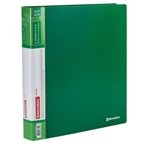 Изображение товара Папка на 4 кольцах ширина 40 мм BRAUBERG EXTRA, до 300 листов ЗЕЛЕНАЯ, 0,8мм, 270550 (шт)