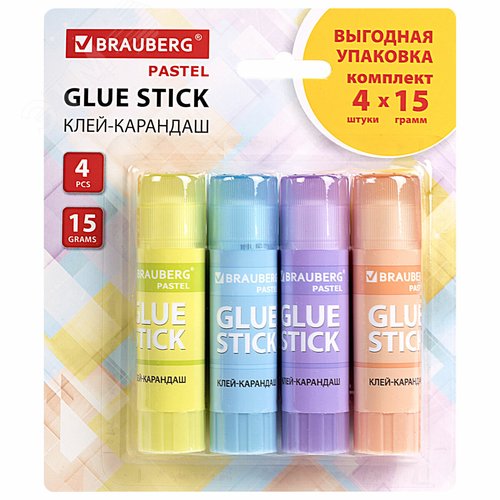 Изображение товара Клей-карандаш 15 г ВЫГОДНАЯ УПАКОВКА BRAUBERG PASTEL, 4 штуки на блистере, PVP основа, 271250 (шт)