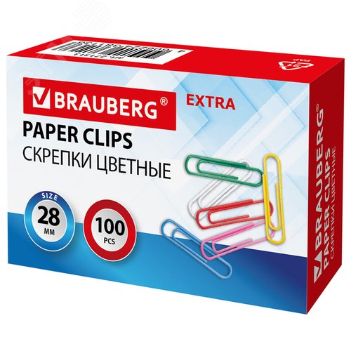 Изображение товара Скрепки EXTRA BRAUBERG 28 мм цветные 100 штук, 271313 (шт)