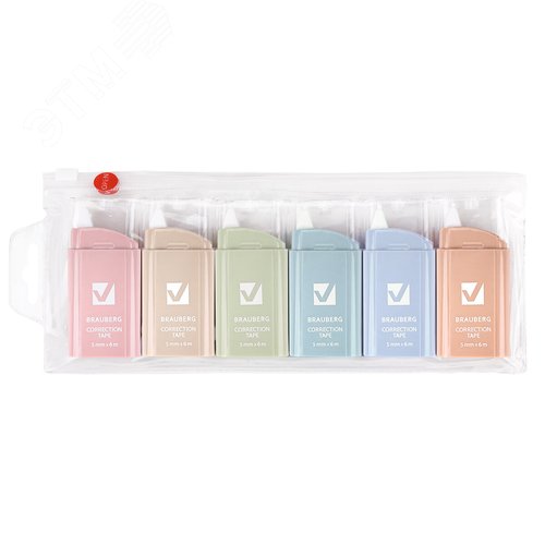 Изображение товара Корректирующая лента BRAUBERG COMPACT PASTEL, 5мм х 6 м, КОМПЛЕКТ 6 штук, пенал с zip-lock, 272496 (шт)