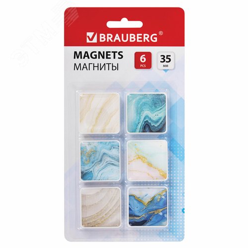 Изображение товара Магниты квадратные стеклянные 35 мм, НАБОР 6 шт., Мрамор, BRAUBERG Glass, блистер, 272512 (шт)
