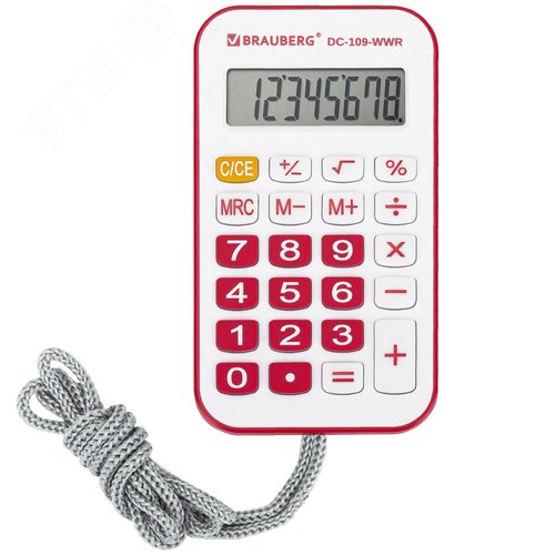 Изображение товара Калькулятор карманный со шнурком DC-109-WWR (61 х 110 мм), 8 разрядов, белый/красный (шт)