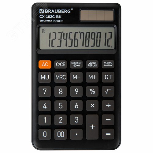 Изображение товара Калькулятор карманный Cх-102C-BK (76 х 126 мм), 12 разрядов, двойное питание, черный (шт)