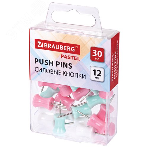 Изображение товара Силовые кнопки-гвоздики BRAUBERG PASTEL, пастельные цвета, 30 штук, 12мм, 272756 (шт)