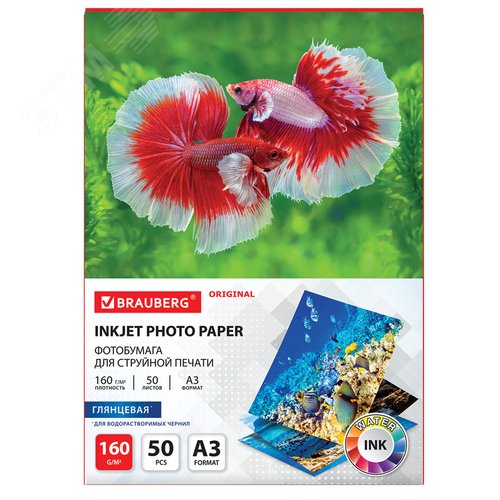 Изображение товара Фотобумага глянцевая БОЛЬШОГО ФОРМАТА, А3, 160 г/м2, односторонняя, 50 листов, BRAUBERG, 363994 (шт)