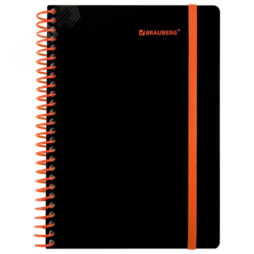 Изображение товара Тетрадь обложка пластик, А5 80л. спираль пластик, резинка, клетка, BRAUBERG, черный/оранжевый,405386 (шт)