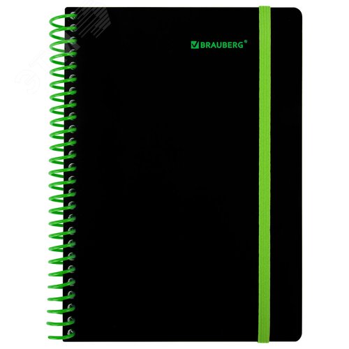 Изображение товара Тетрадь обложка пластик, А5 80л. спираль пластик, резинка, клетка, BRAUBERG, черный/зеленый, 405387 (шт)