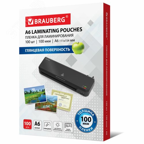 Изображение товара Пленки-заготовки д/ламинирования МАЛОГО ФОРМАТА, А6, КОМПЛЕКТ 100шт, 100 мкм, BRAUBERG, 531785 (шт)
