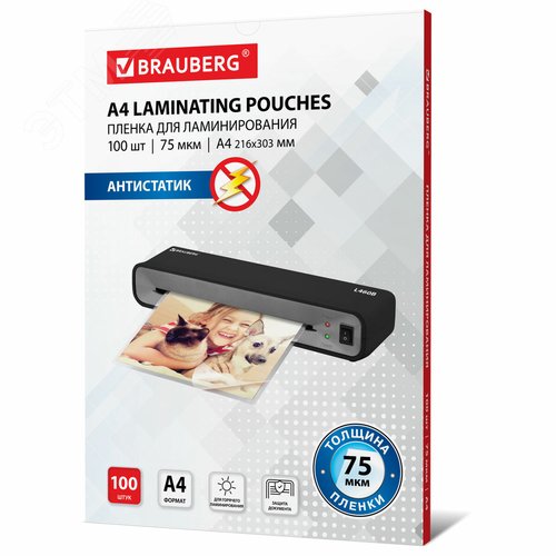 Изображение товара Пленки-заготовки д/ламинирования АНТИСТАТИК, А4, КОМПЛЕКТ 100шт, 75 мкм, BRAUBERG, 531792 (шт)
