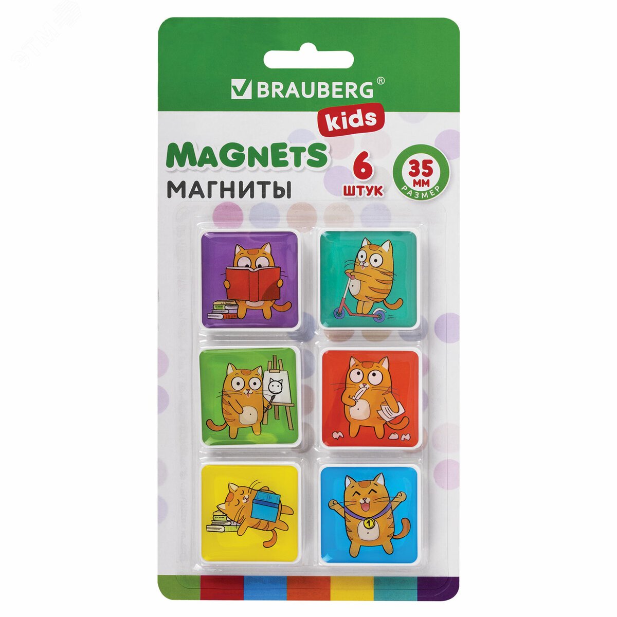 Изображение товара Набор магнитов квадратных стеклянных BRAUBERG KIDS 6 шт. 35 мм кот-энтузиаст