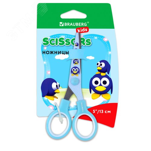 Изображение товара Ножницы 130 мм с цветной печатью ''Пингвины'', голубые, закругленные, BRAUBERG KIDS, 232271 (шт)