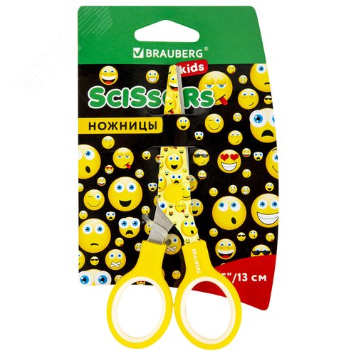Изображение товара Ножницы 130 мм с цветной печатью ''Смайлики'', жёлто-белые, закругленные, BRAUBERG KIDS, 232274 (шт)