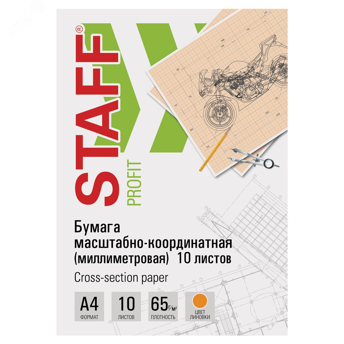 Изображение товара Бумага масштабно-координатная (миллиметровая), папка А4, оранжевая, 10 листов, 65г/м2, STAFF, 113484 (шт)