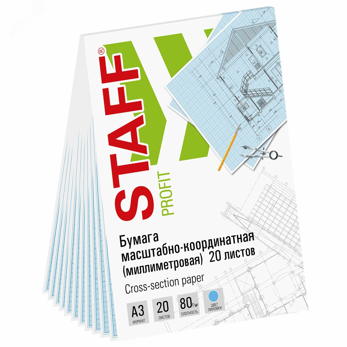 Изображение товара Масштабно-координатная бумага А3 голубая 20 листов STAFF профессиональный чертежный материал