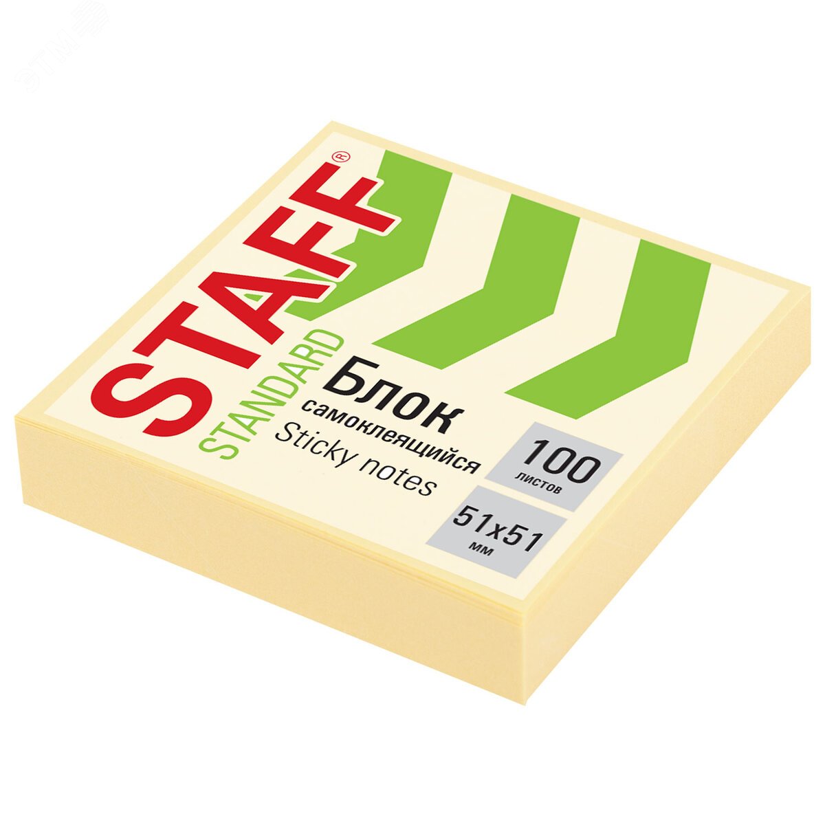 Изображение товара Блок самоклеящийся (стикеры) STAFF STANDARD, ПАСТЕЛЬНЫЙ 51х51 мм, желтый, 100 листов, 116577 (шт)