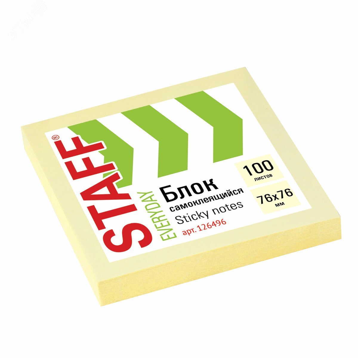 Изображение товара Блок самоклеящийся STAFF EVERYDAY, 76х76 мм, 100 листов, желтый, 126496 (шт)
