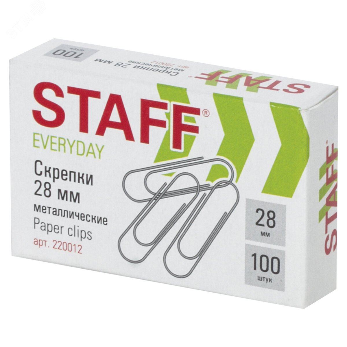 Изображение товара Скрепки STAFF EVERYDAY, 28 мм, металлические, 100 шт., в картонной коробке, РОССИЯ, 220012 (шт)