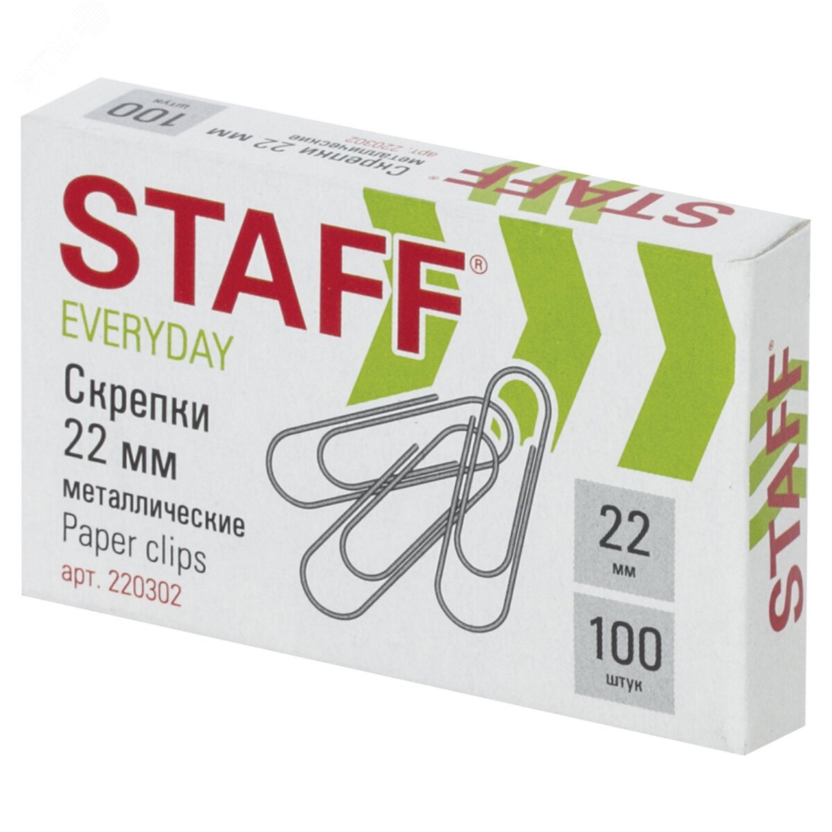 Изображение товара Скрепки STAFF EVERYDAY, 22 мм, металлические, 100 шт., в картонной коробке, РОССИЯ, 220302 (шт)