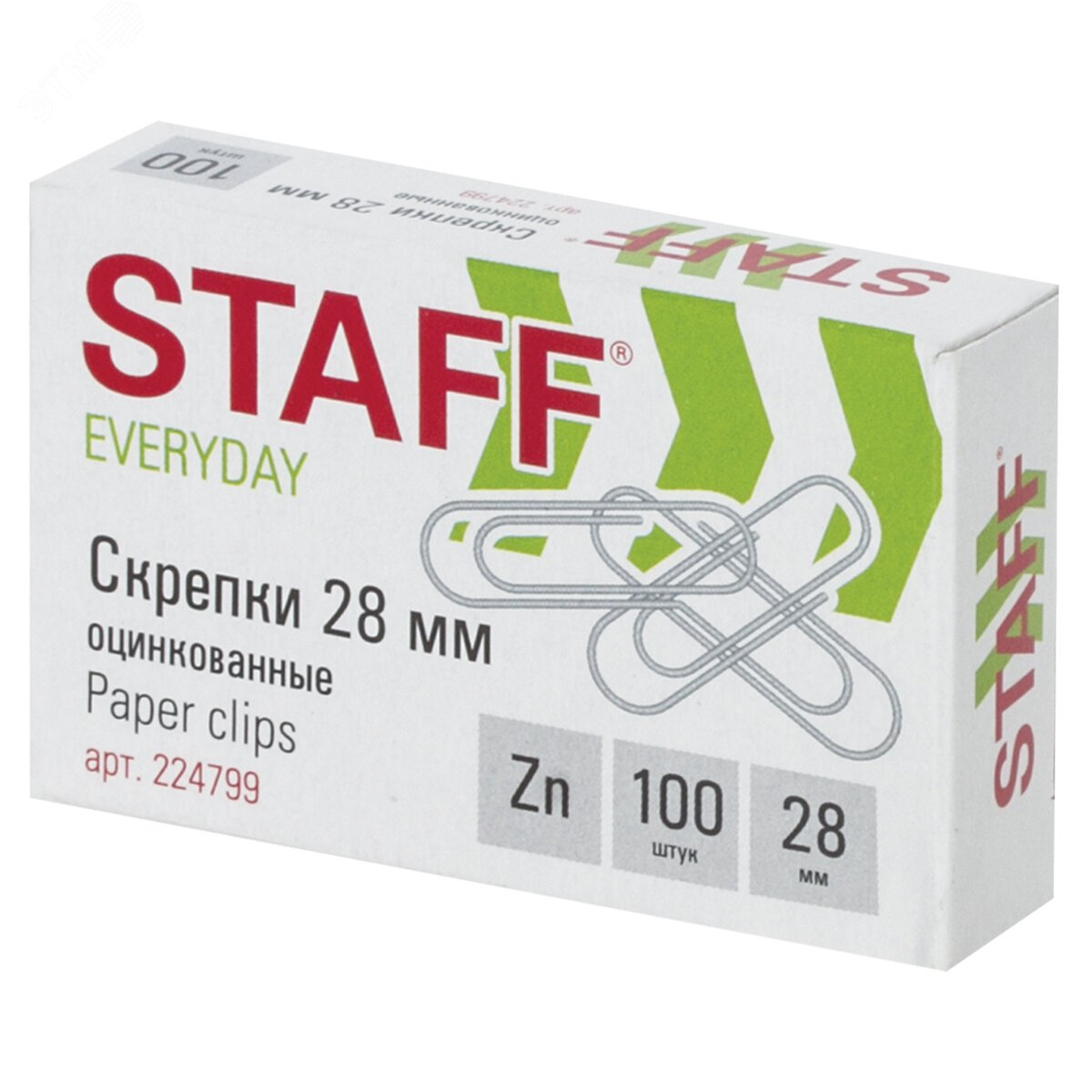 Изображение товара Скрепки STAFF EVERYDAY, 28 мм, оцинкованные, 100 шт., в картонной коробке, РОССИЯ, 224799 (шт)