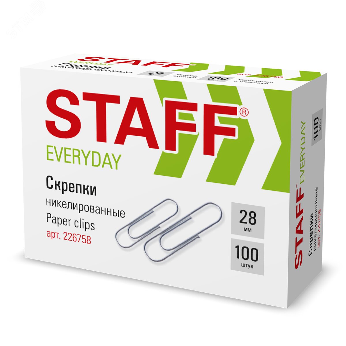 Изображение товара Скрепки STAFF EVERYDAY, 28 мм, никелированные, 100 шт., в картонной коробке, 226758 (шт)