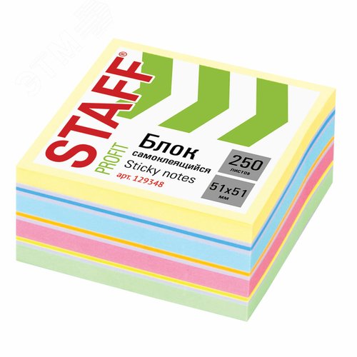 Изображение товара Блок самоклеящийся (стикеры) пастельный 51 х 51 мм, 250 листов, 8 цветов (шт)