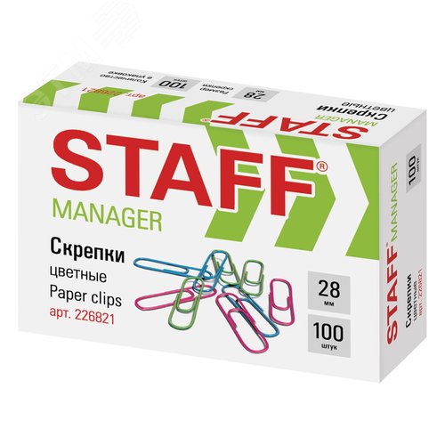 Изображение товара Скрепки STAFF Manager, 28 мм, цветные, 100 шт., в картонной коробке, 226821 (шт)