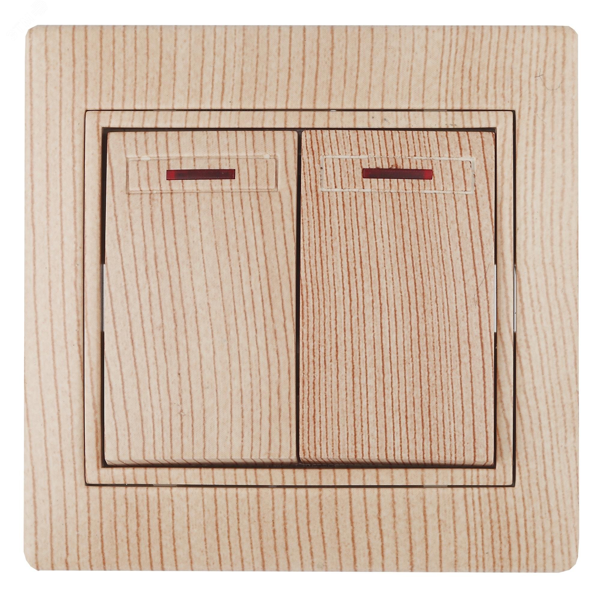 Изображение товара Двухклавишный выключатель с подсветкой серии Intro Plano цвет сосна 10А 250В