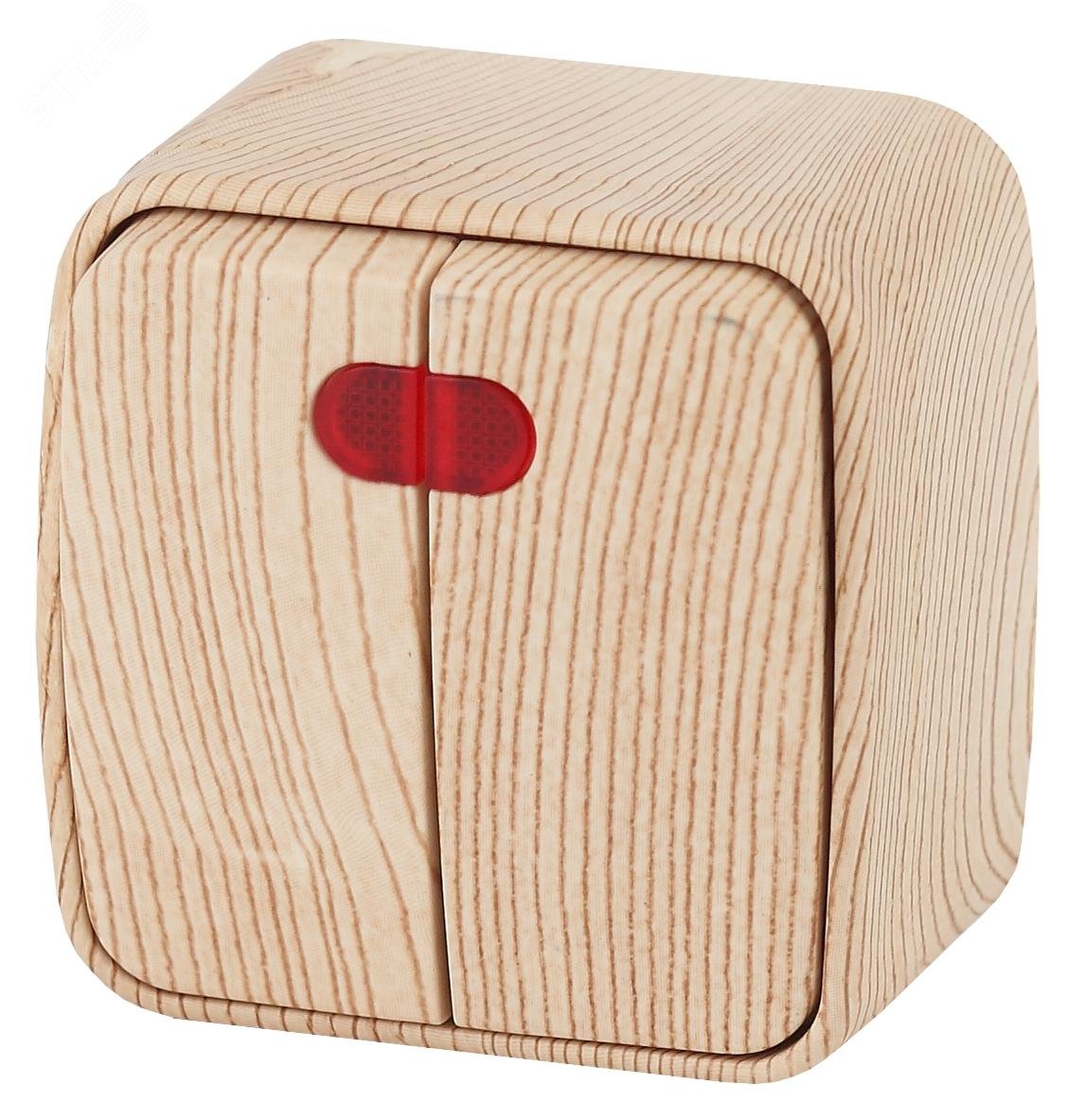 Изображение товара Двухклавишный наружный выключатель с подсветкой Intro Polo 10А 250В IP20 сосна