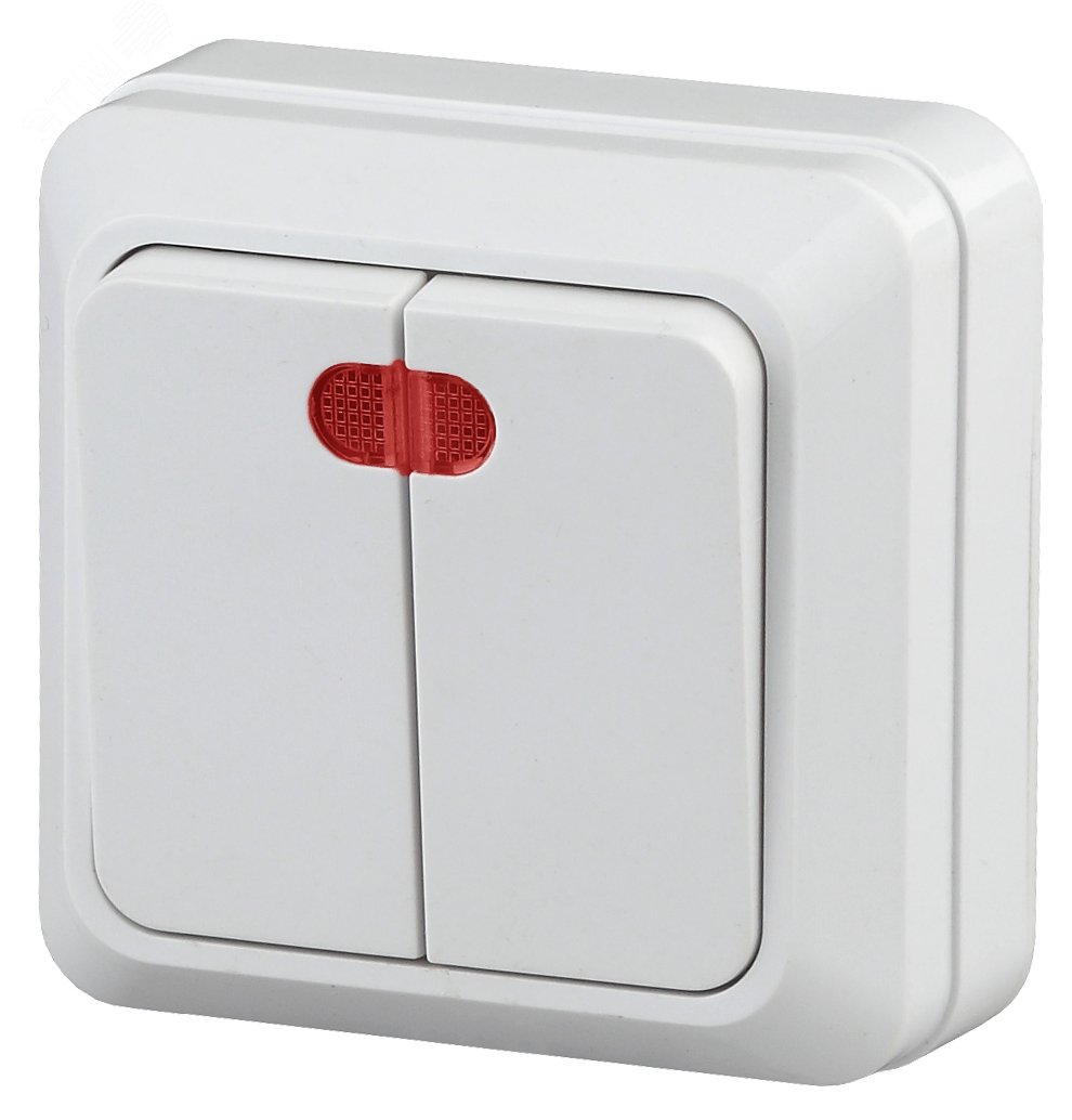 Изображение товара Выключатель двухклавишный наружный (открытой установки) с подсветкой белый 10А 250В Intro Quadro 2-105-01 (шт)