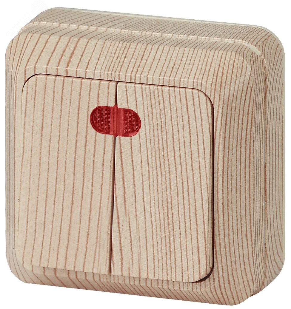 Изображение товара Двухклавишный наружный выключатель с подсветкой сосна IP20 10А 250В серия Intro Quadro