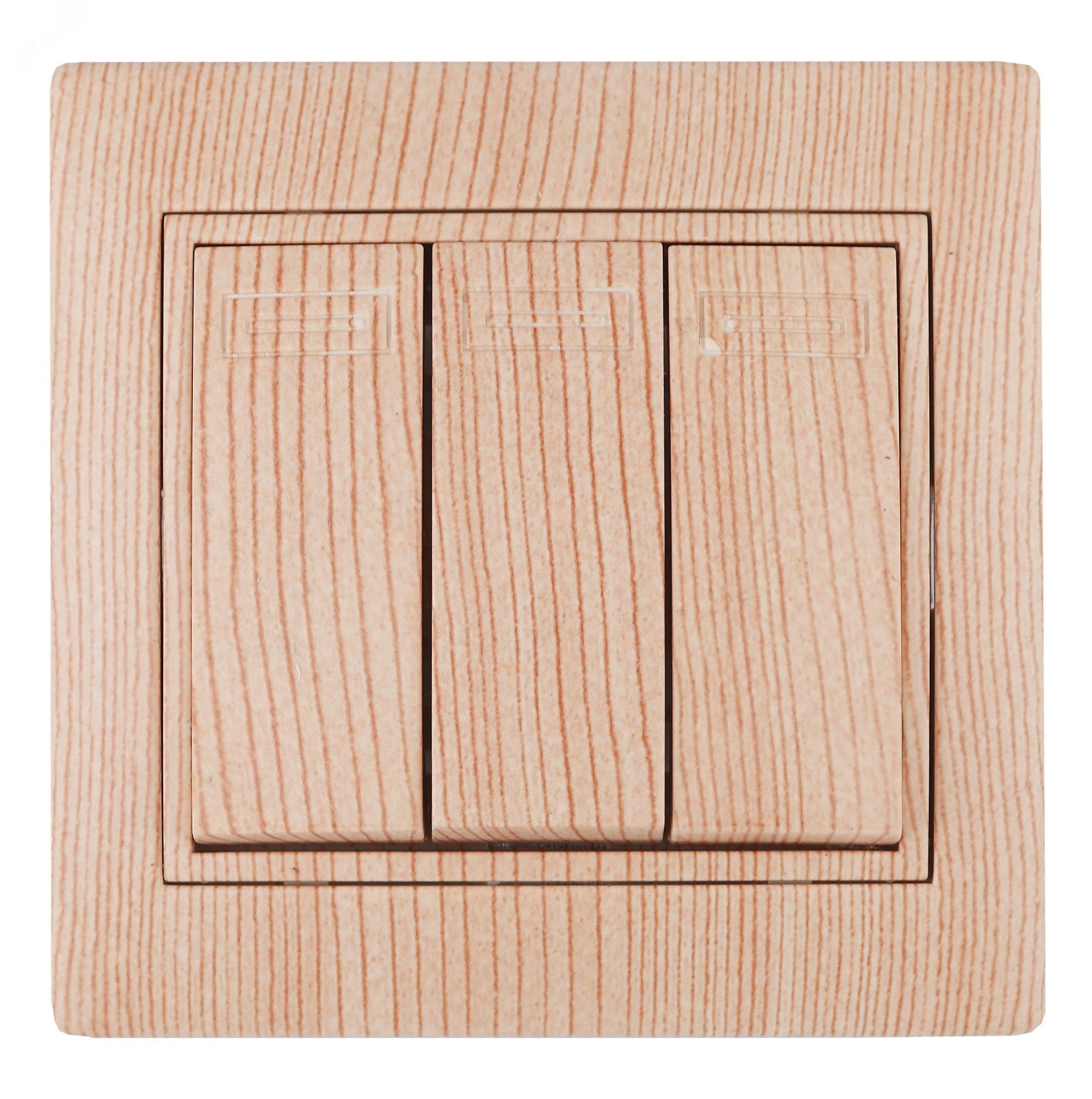 Изображение товара Выключатель трехклавишный в рамке для скрытого монтажа Intro Plano 1-106-11 10А 250В сосна