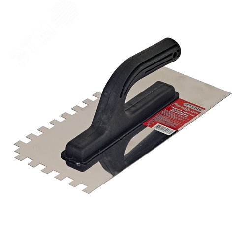 Изображение товара Гладилка зубчатая нержавеющая сталь, пластиковая рукоятка, 130х270мм, зуб 10х10мм (шт)