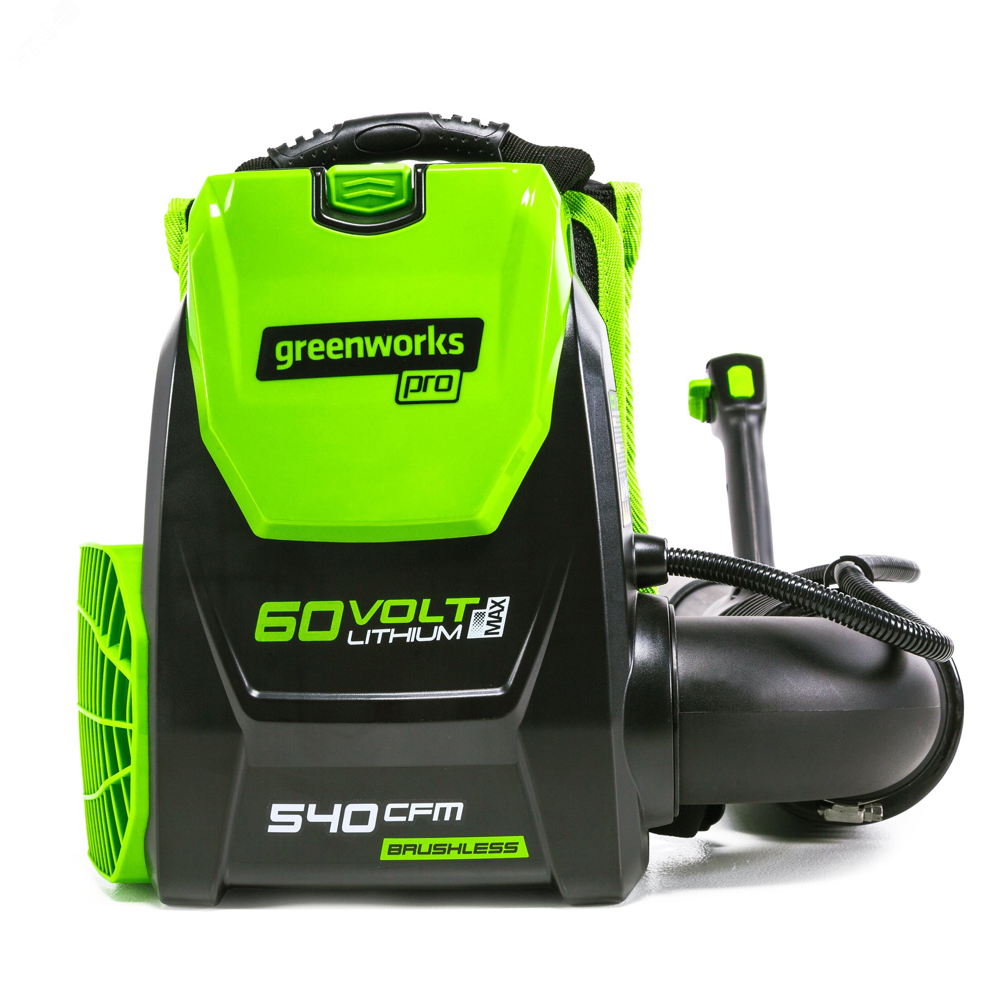 Изображение товара Ранцевый Воздуходув, аккумуляторный Greenworks GD60BPB, 60V, бесщеточный, без АКБ и ЗУ (2402307) (шт)