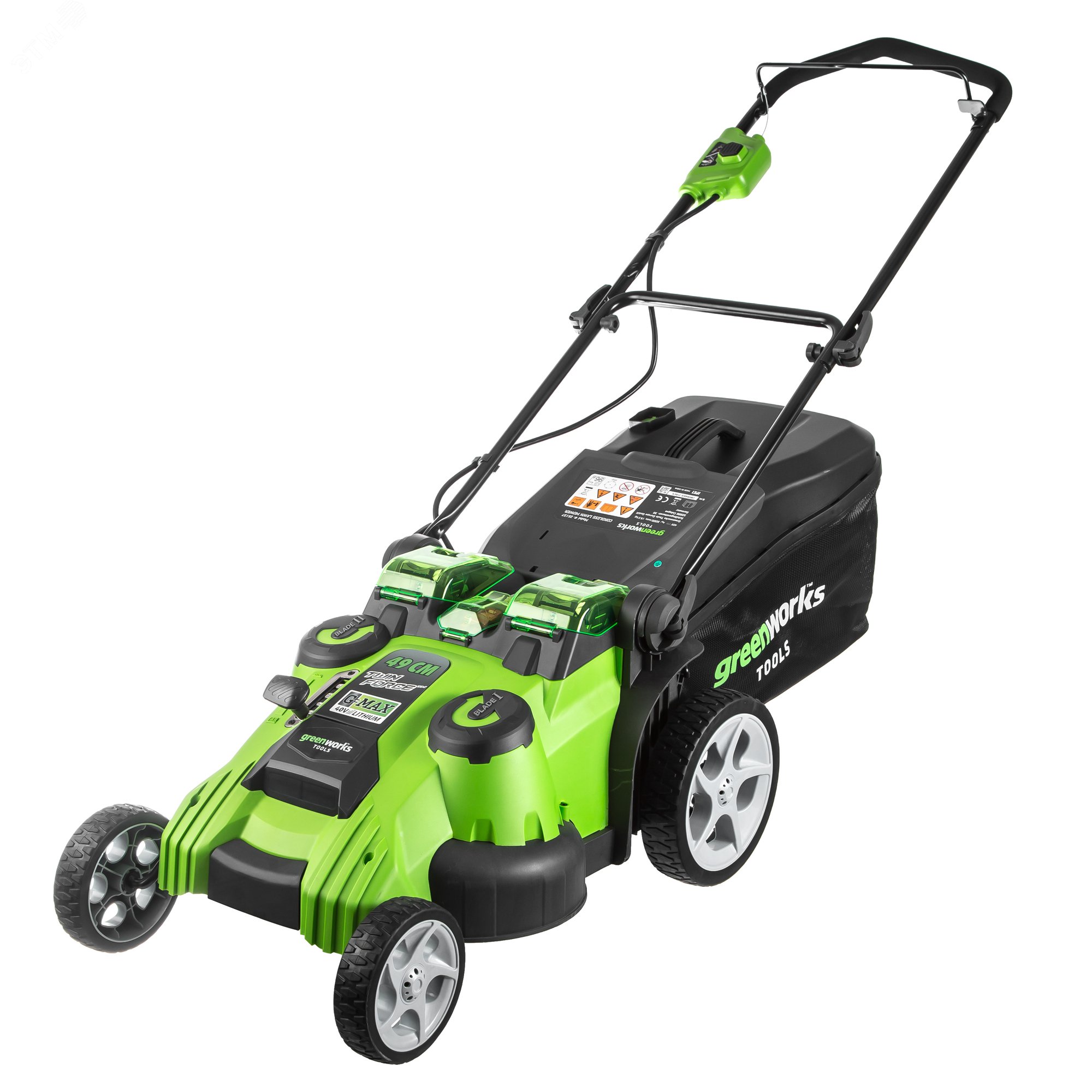 Изображение товара Газонокосилка аккумуляторная Greenworks G40LM49DB, TwinForce, 40V, 49 см, c 1хАКБ 4 Ач и ЗУ (2500207VB) (шт)