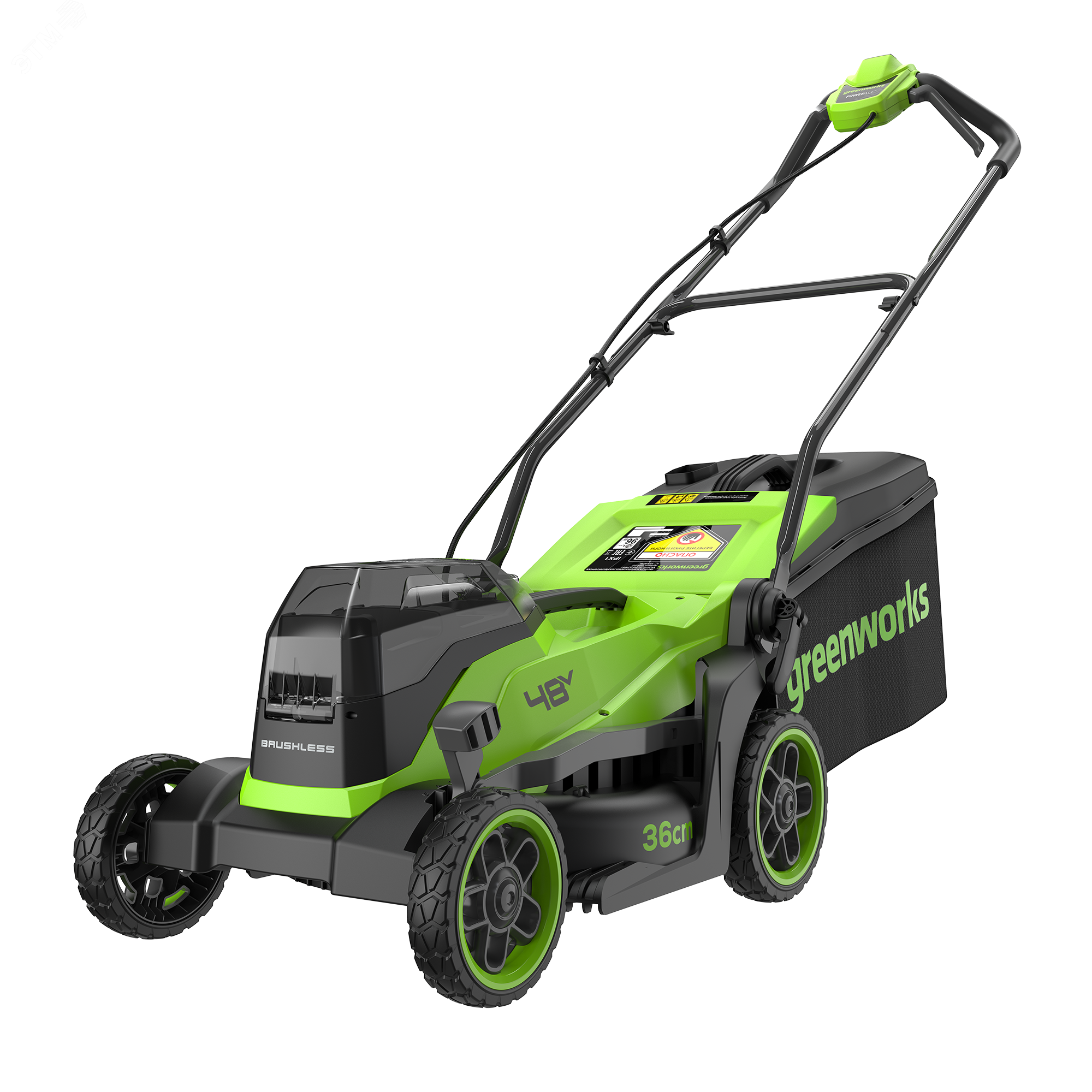 Изображение товара Газонокосилка аккумуляторная Greenworks GD24X2LM361, 2х24V, 36 см, бесщеточная, c 2хАКБ 4Ач и ЗУ (2520707UD) (шт)