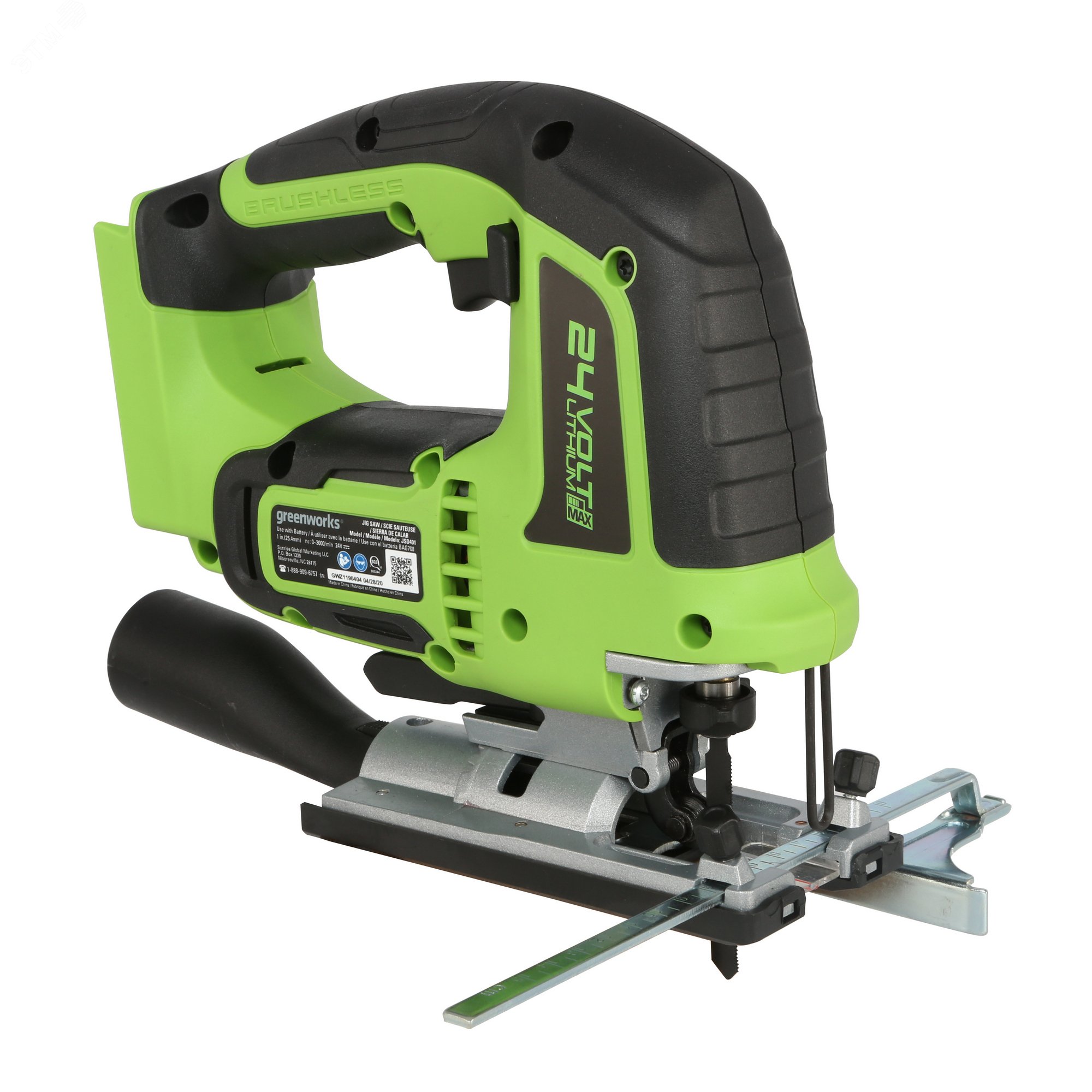 Изображение товара Лобзик акк. Greenworks GD24JS, 24V, б/щет, 100 мм, 800-3000/мин, 4-ст.маятник, алю.подошва,LED, без АКБ и ЗУ (3601407) (шт)