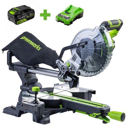 Изображение товара Торцовочная пила аккамуляторная GD24MS216, 24V, б/щ, 4800 об/мин, 216x30мм,рез 65х310мм,1х5Ач,ЗУ (шт)