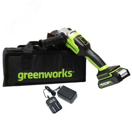 Изображение товара Угловая шлифовальная машина акк. Greenworks GD24AG, 24V, б/щет, 125 мм, 10500 об/мин, c 1хАКБ 2Ач и ЗУ, сумка (3200207UA) (шт)