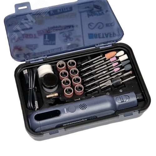 Изображение товара Гравер акк. Greenworks GPT-8VRT, 8V,USB-C, 5000–30000 об/мин, цанги 2,4 / 3,2 мм,LED, автоблокировка, оснастка 52 шт, кейс (3200707) (шт)