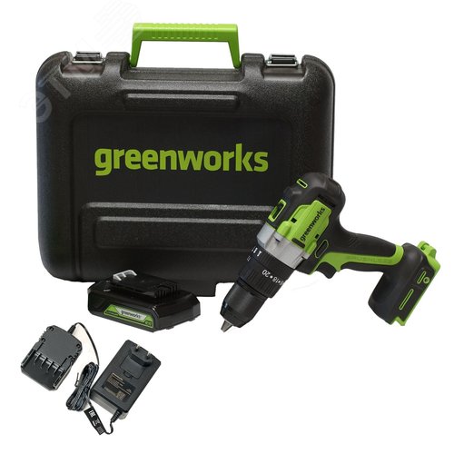 Изображение товара Дрель-шуруповерт ударная акк. Greenworks GD24DD60, 24V, б/щет,0-450/0-1700 об/мин, 30/60Нм, c 1хАКБ 2Ач и ЗУ, кейс (3704107UA) (шт)