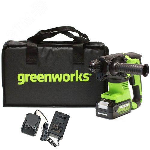 Изображение товара Перфоратор акк. Greenworks GD24SDS2, 24V,б/щет, 2 Дж, 4500 уд/мин, 24 мм, с 1хАКБ 4Ач и ЗУ, сумка (3803007UB) (шт)